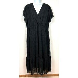 Black Dotted Swiss Mock Wrap Flutter Sleeve Maxi Dress NWT Size XXL